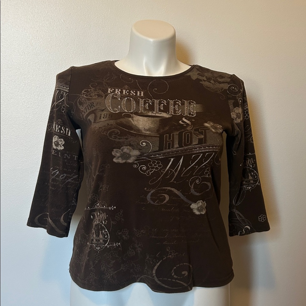 Christopher & Banks Y2K Dark Brown Coffee Graphic Long Sleeve Top